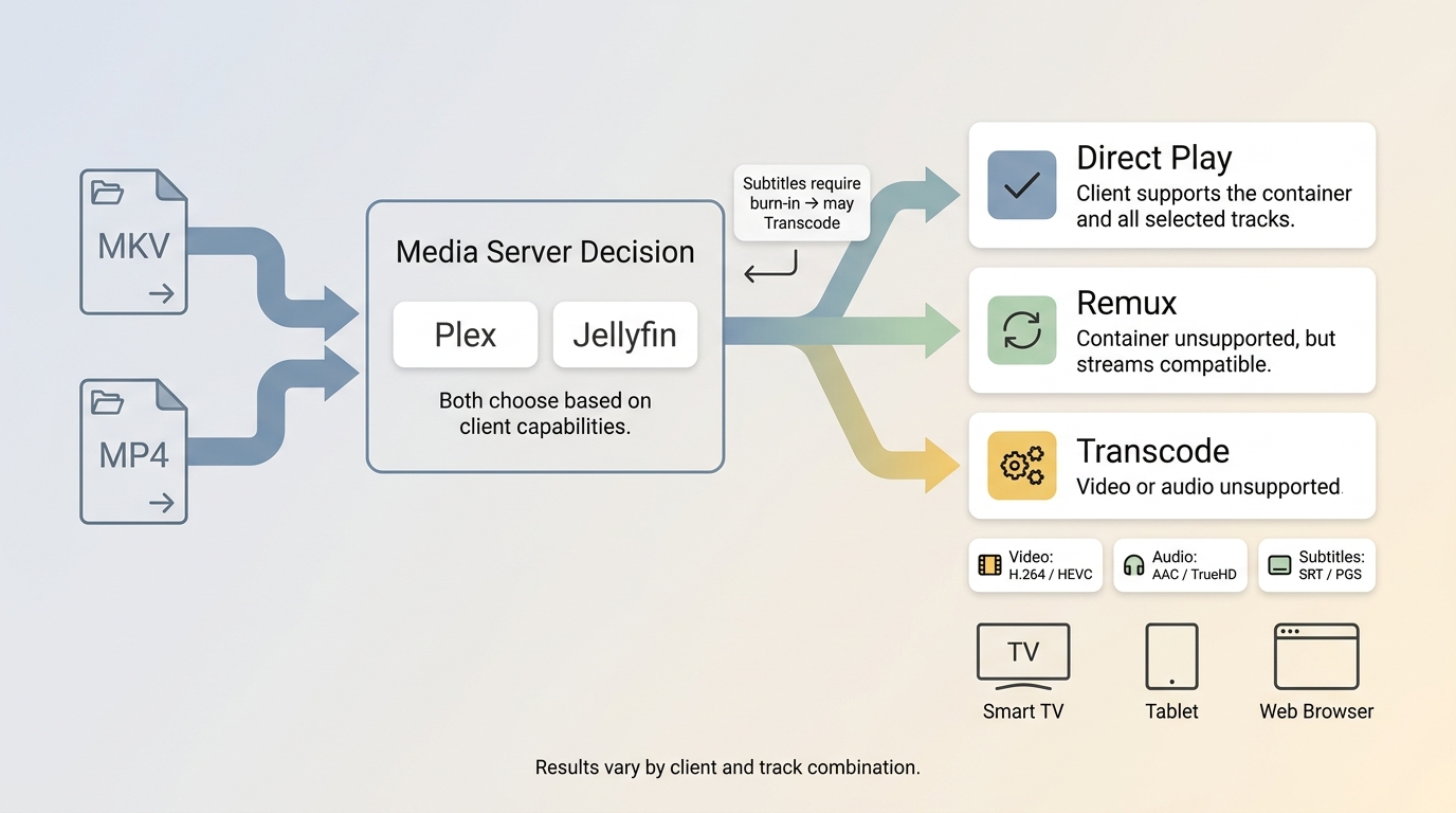 How Plex and Jellyfin choose Direct Play, Remux, or Transcode for MKV and MP4 files
