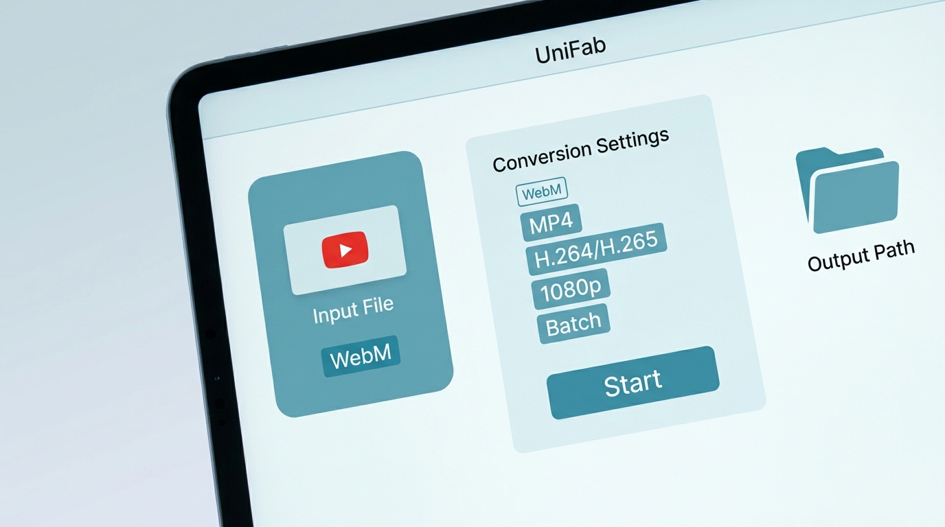 UniFab settings for MP4, H.264 or H.265, 1080p, output folder, and batch conversion