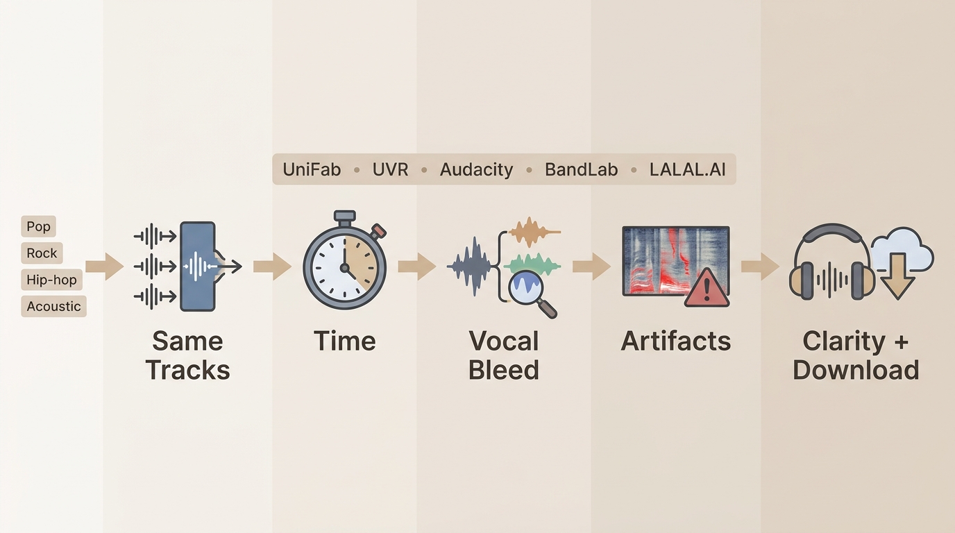 Test workflow measuring processing time, vocal bleed, artifacts, clarity, and download access