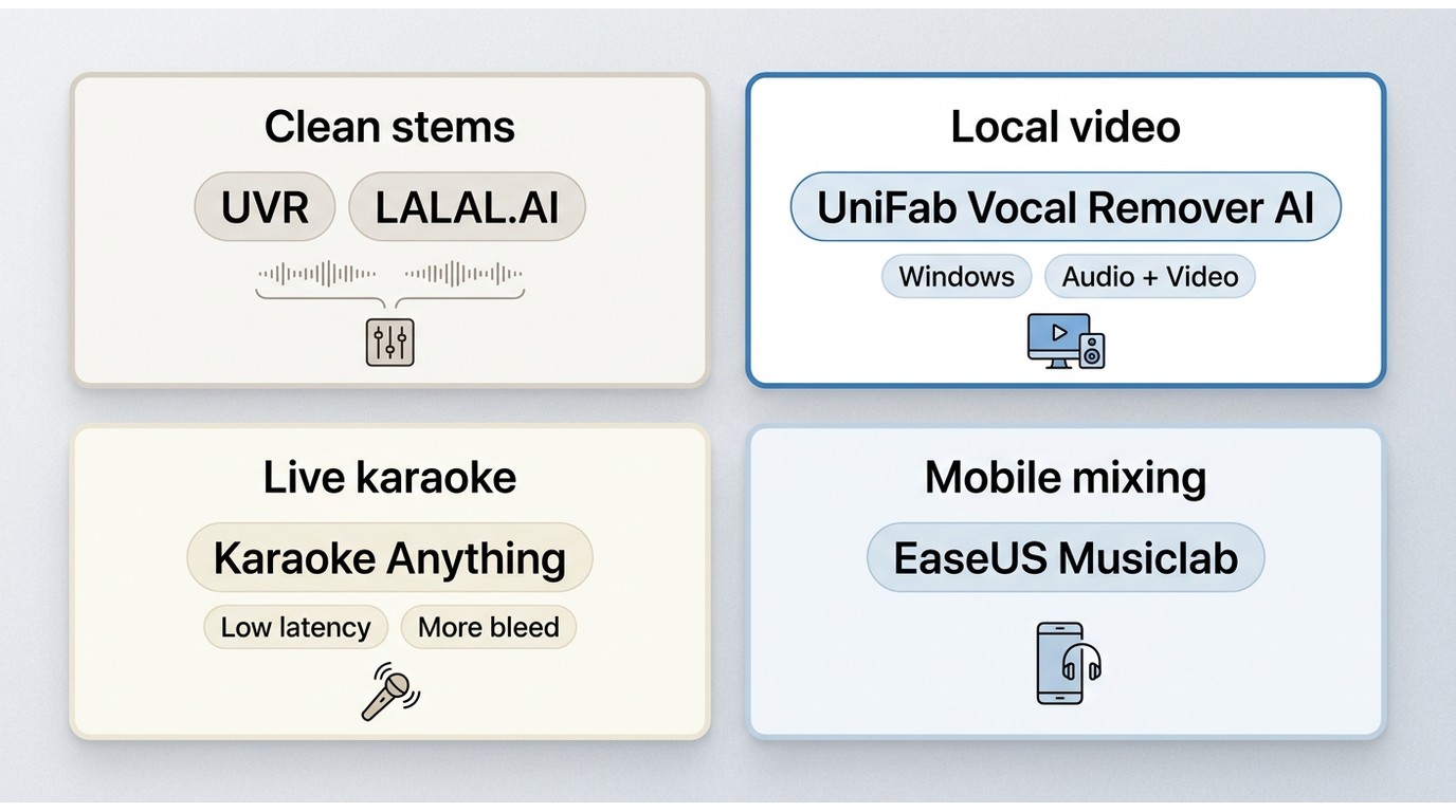 Choosing UVR, LALAL.AI, UniFab, Karaoke Anything, or EaseUS by use case