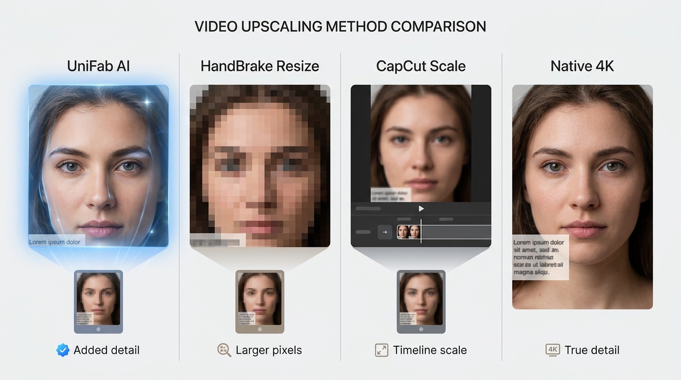 AI reconstruction, HandBrake resizing, CapCut scaling, and native 4K compared