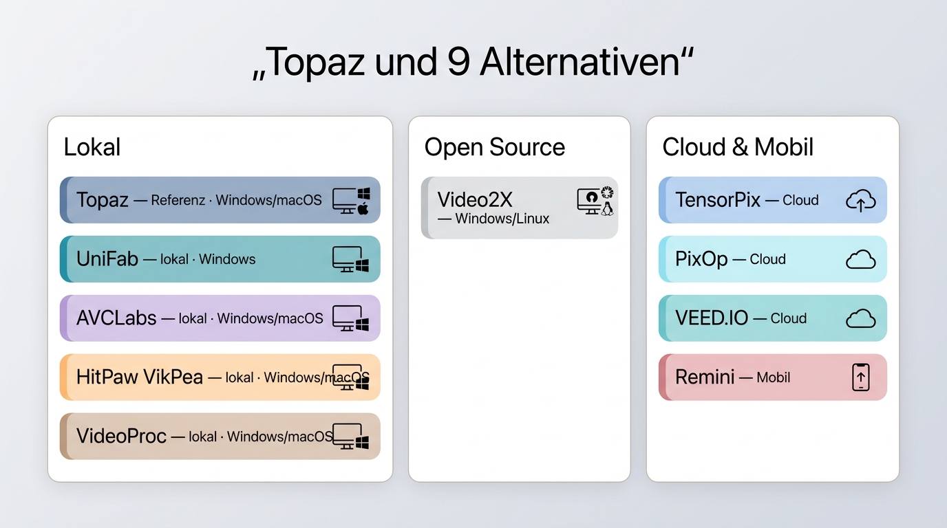 Vergleich von 10 Topaz-Alternativen nach Plattform, GPU, Cloud und Ausgabe bis 4K