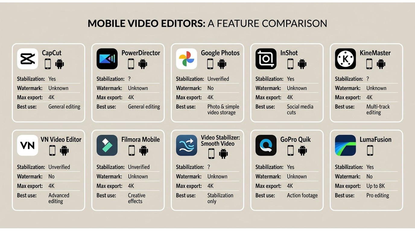 Comparison of 10 stabilizer apps by verified support, watermark, export quality, and use case