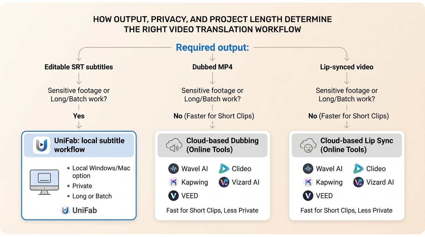 How output, privacy, and project length determine the right video translation workflow