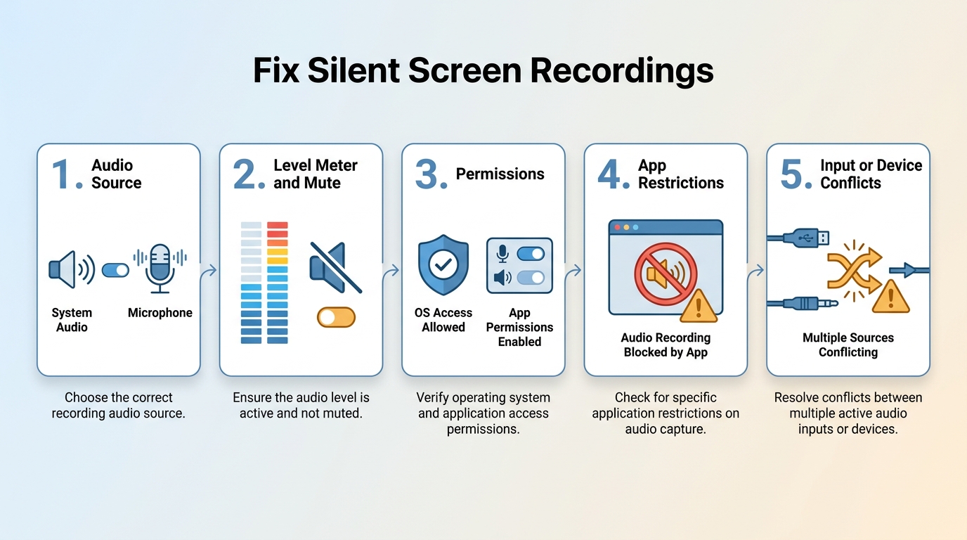 Silent recording diagnosis by source, meter, permission, app restriction, and conflict