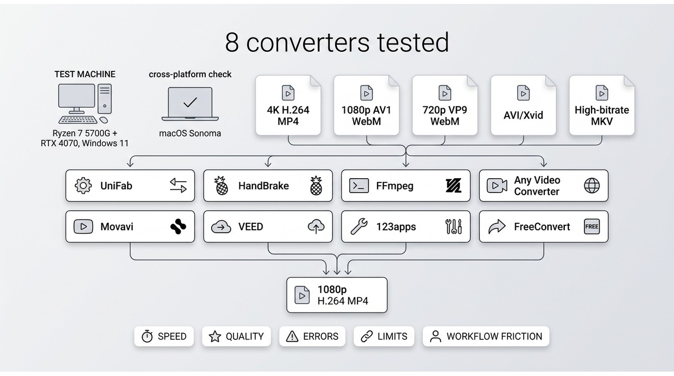 Eight converters tested with five source files and one 1080p H.264 MP4 target