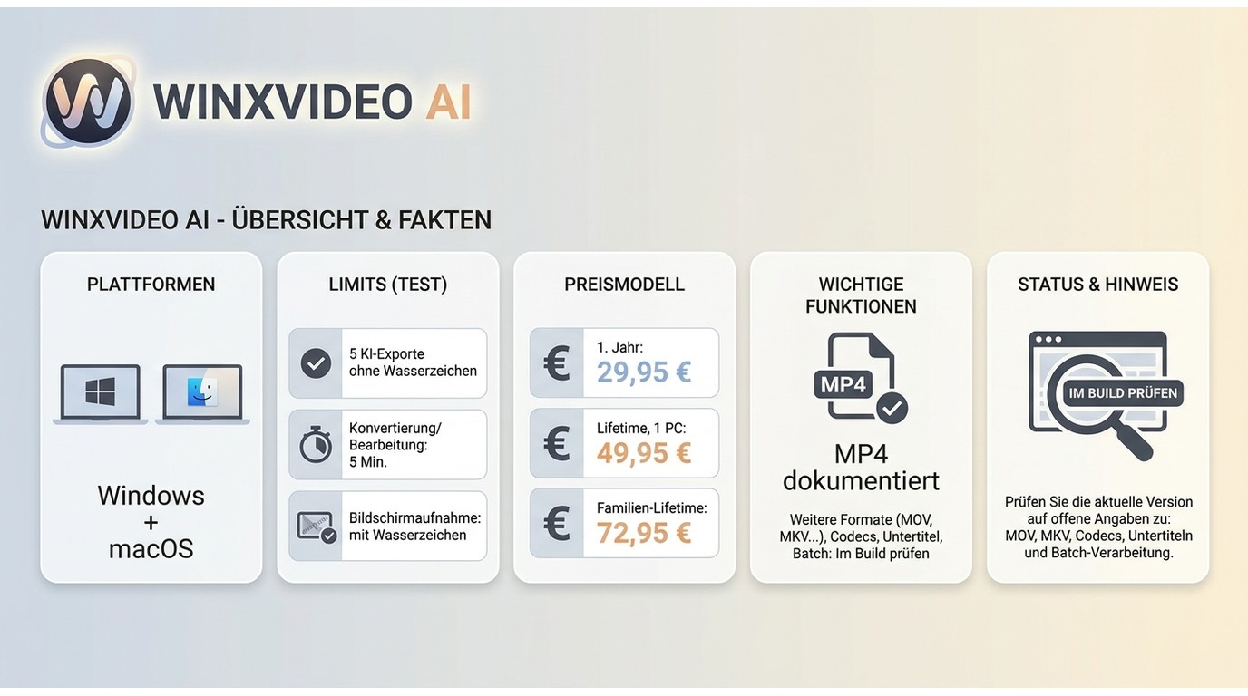 Winxvideo AI: Plattformen, Gratislimits, Lizenzpreise und zu prüfende Exportoptionen