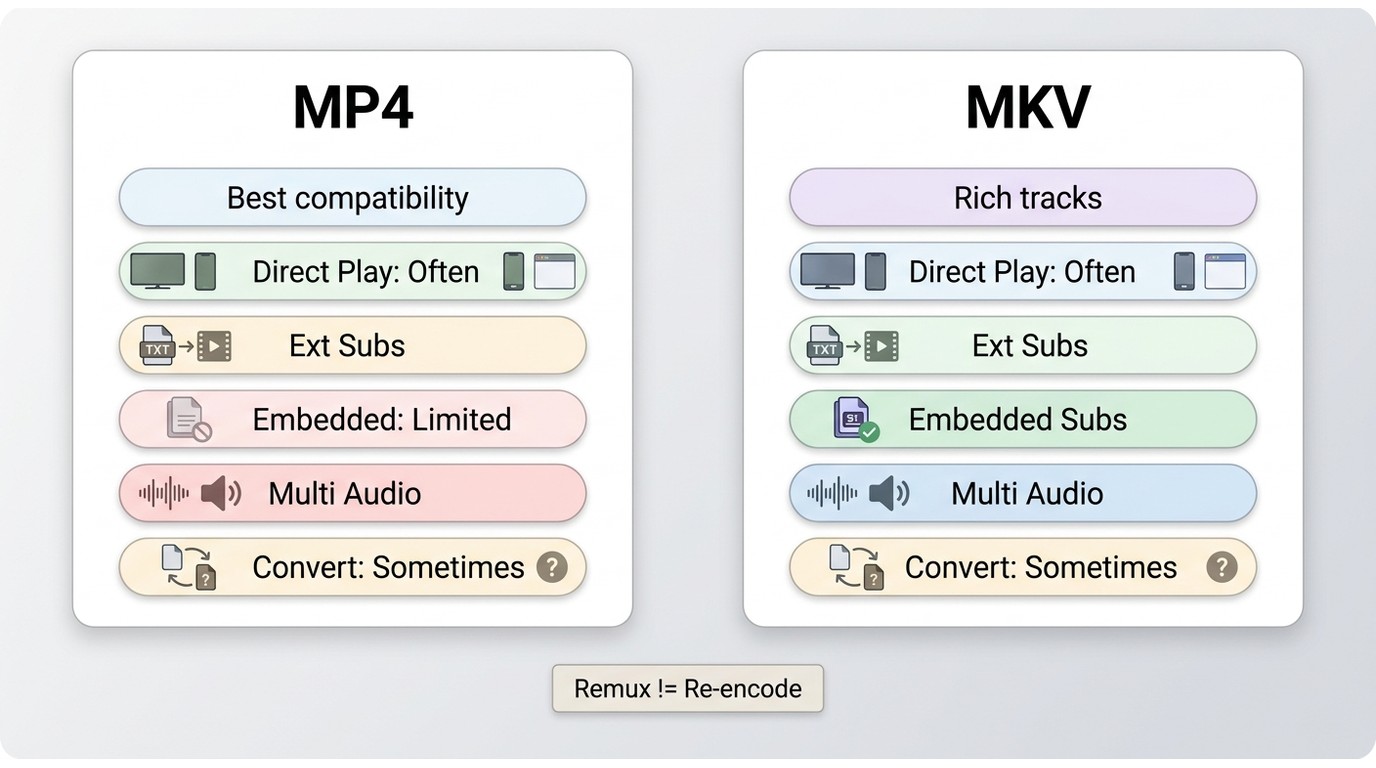 MP4 versus MKV for TV episodes, including direct play, subtitles, audio tracks, and conversion needs