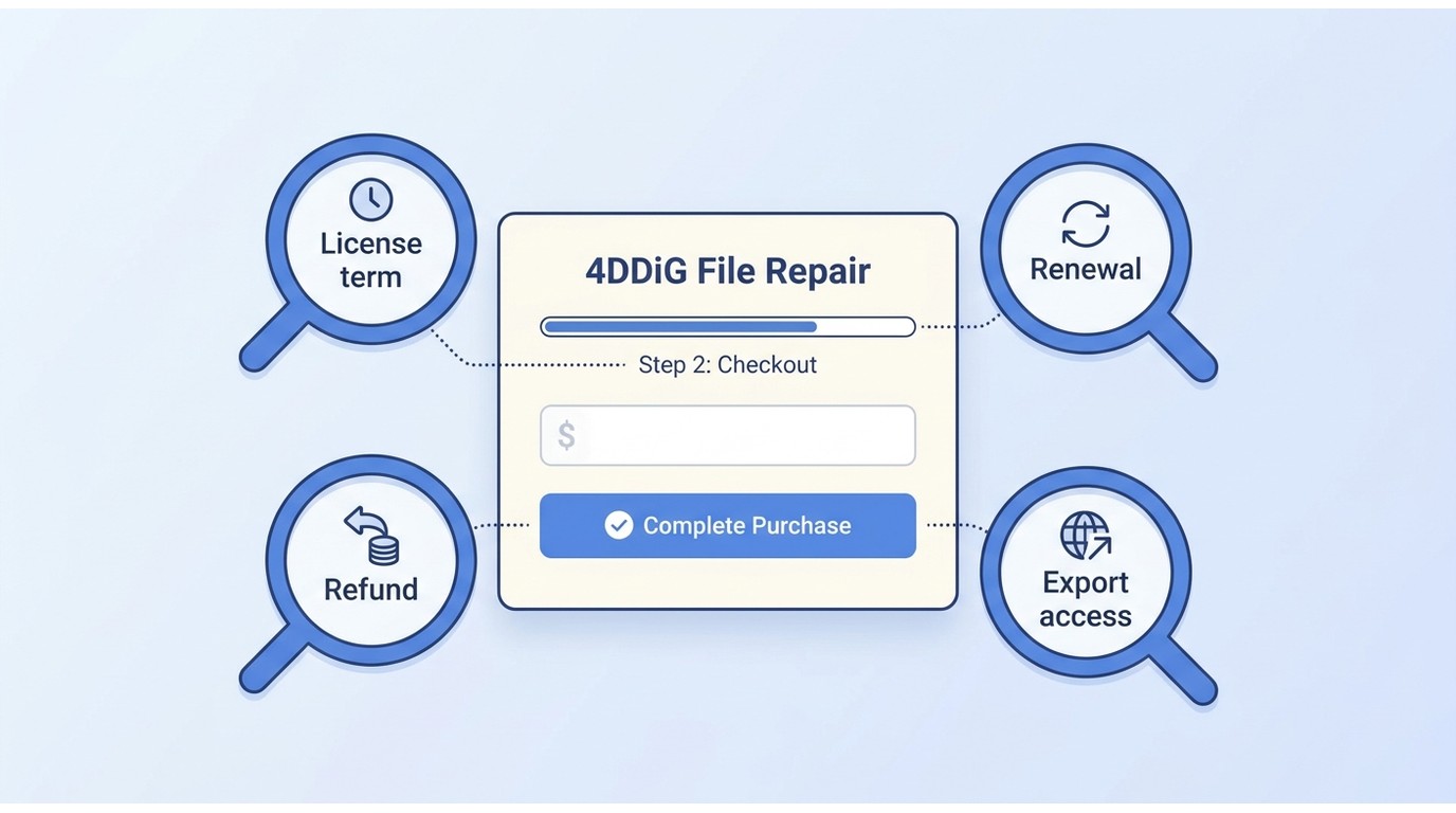 4DDiG File Repair checkout terms for license duration, renewal, refunds, and export access