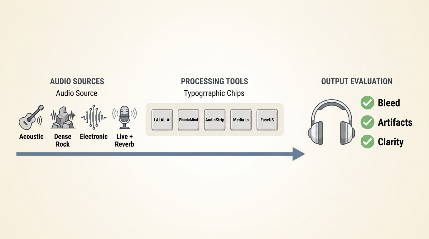 How LALAL.AI, PhonicMind, AudioStrip, Media.io, and EaseUS were tested on four track types
