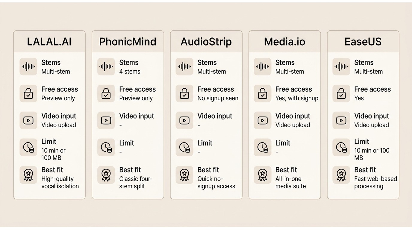 Comparison of five vocal removers by stems, free access, video input, limits, and best fit