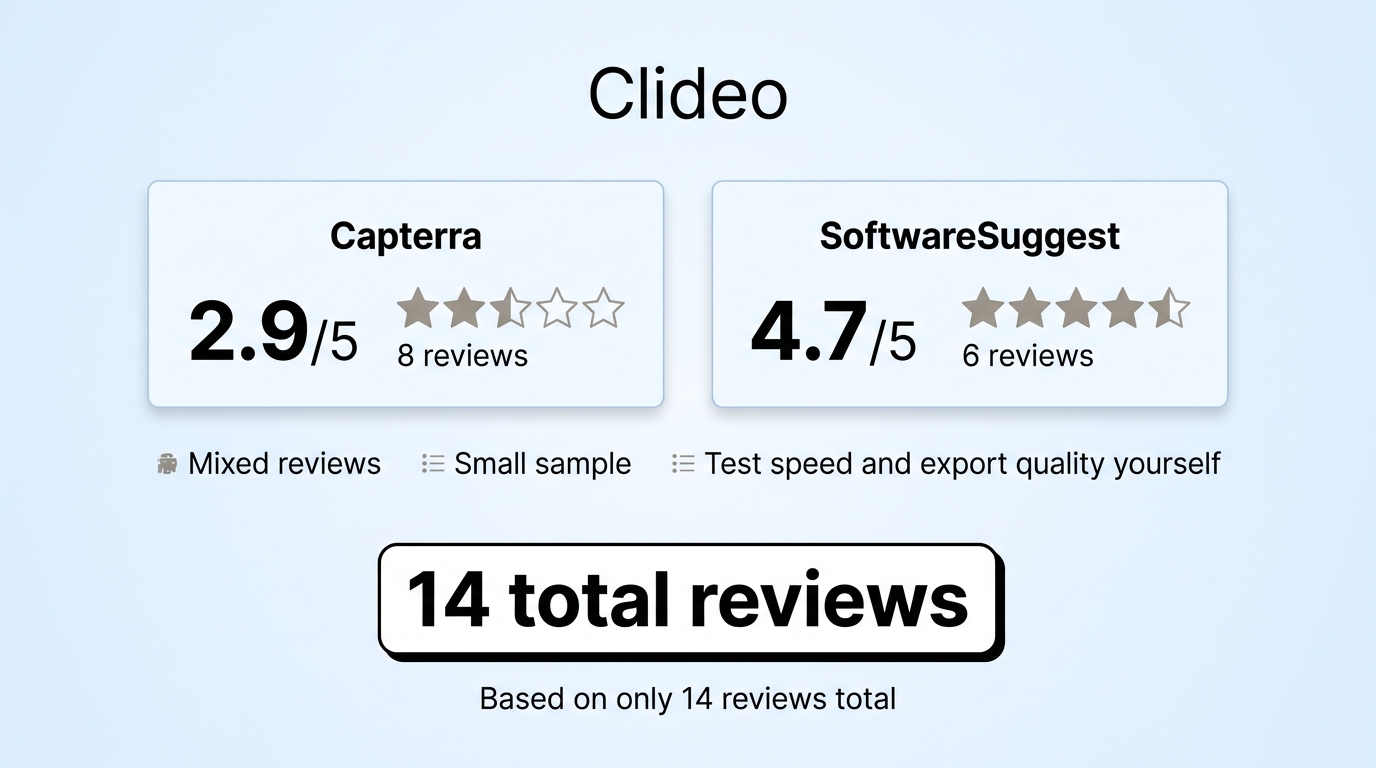 Clideo ratings differ between Capterra and SoftwareSuggest, based on only 14 total reviews.
