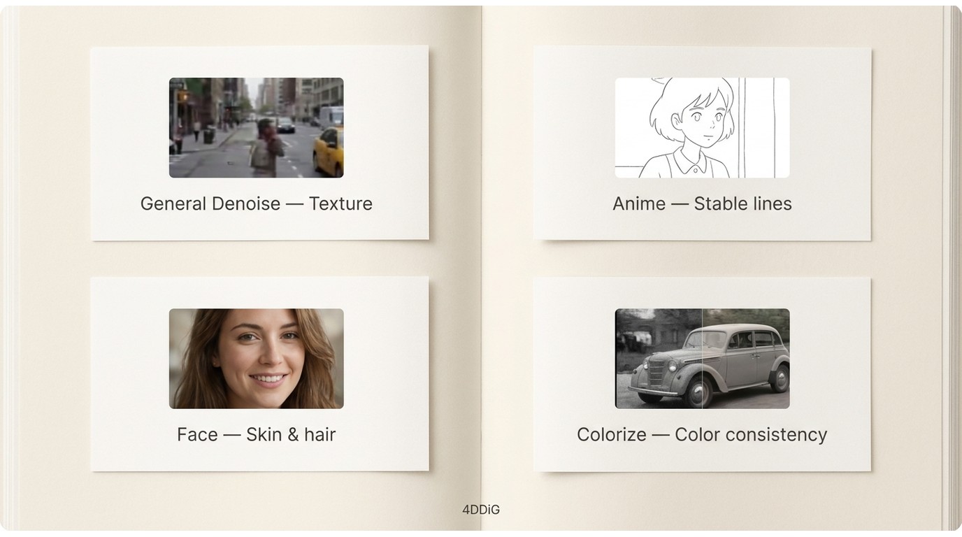 4DDiG General Denoise, Anime, Face, and Colorize models matched to suitable footage