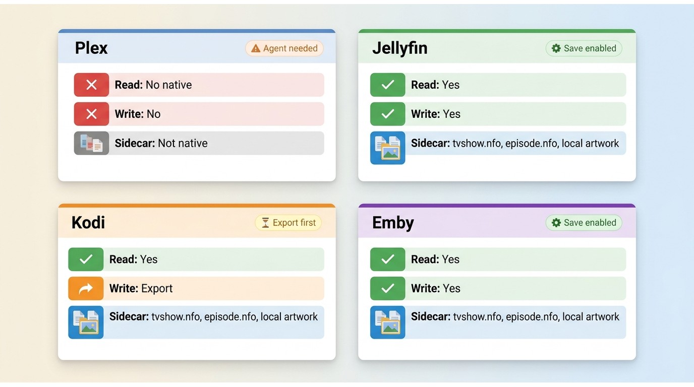 Comparison of Plex, Jellyfin, Kodi, and Emby NFO support and sidecar behavior