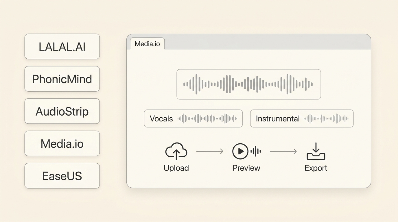 Media.io Vocal Remover workflow with upload, vocal and instrumental previews, and export