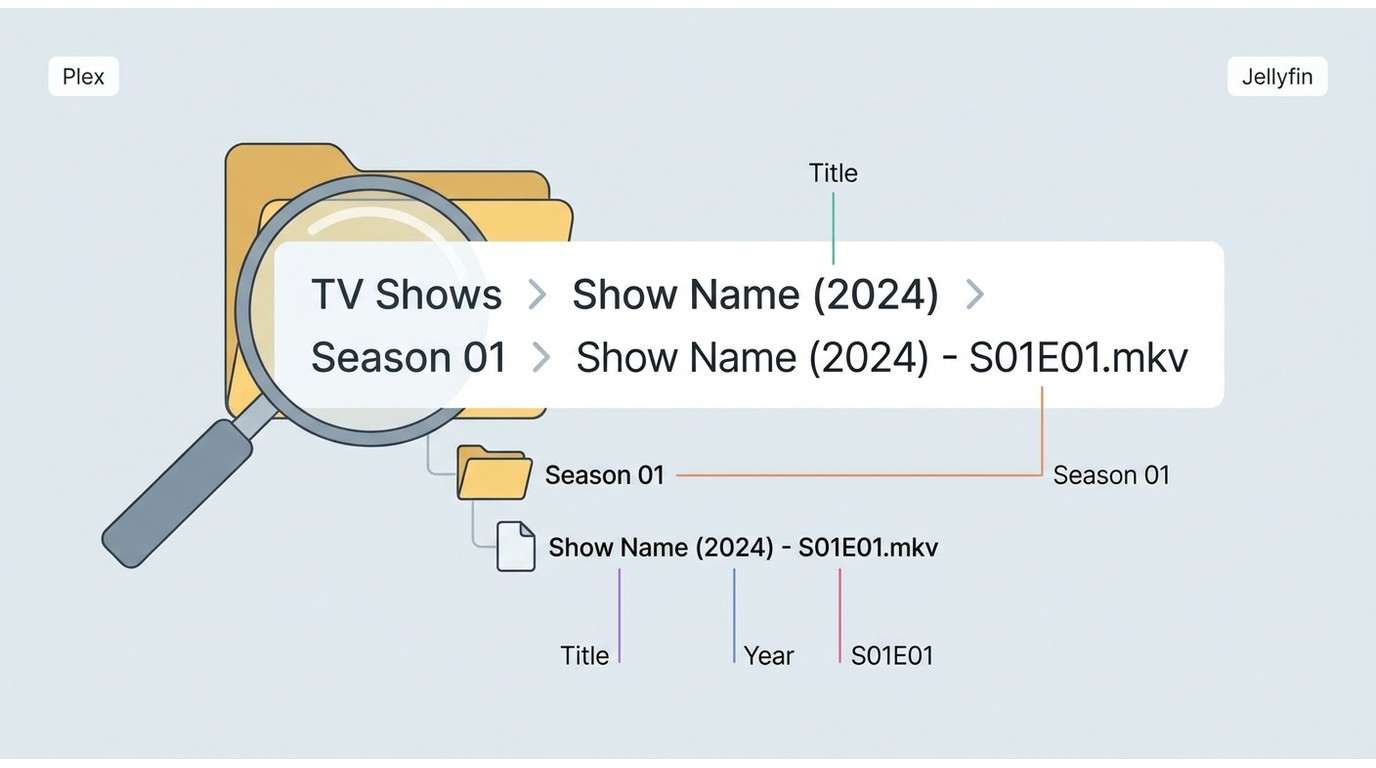 Example TV folder tree with show title, year, season folder, and S01E01 filename format