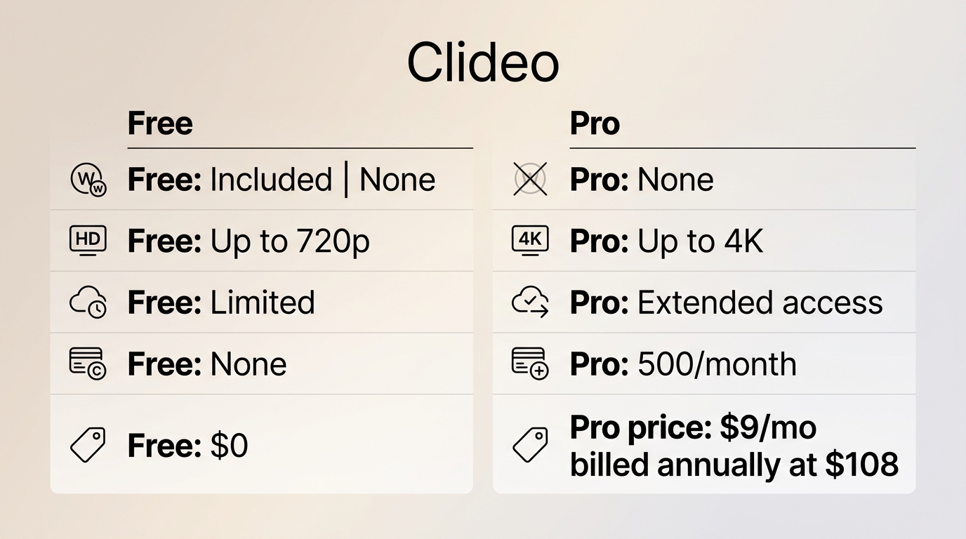 Comparison of Clideo Free and Pro on watermark, 720p vs 4K, storage, credits, and price.