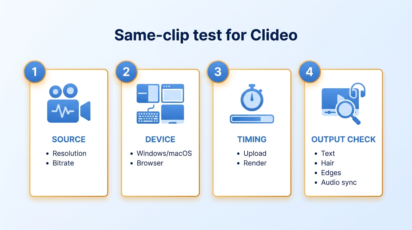 Repeatable Clideo test covering source specs, timing, output quality, and stability checks.