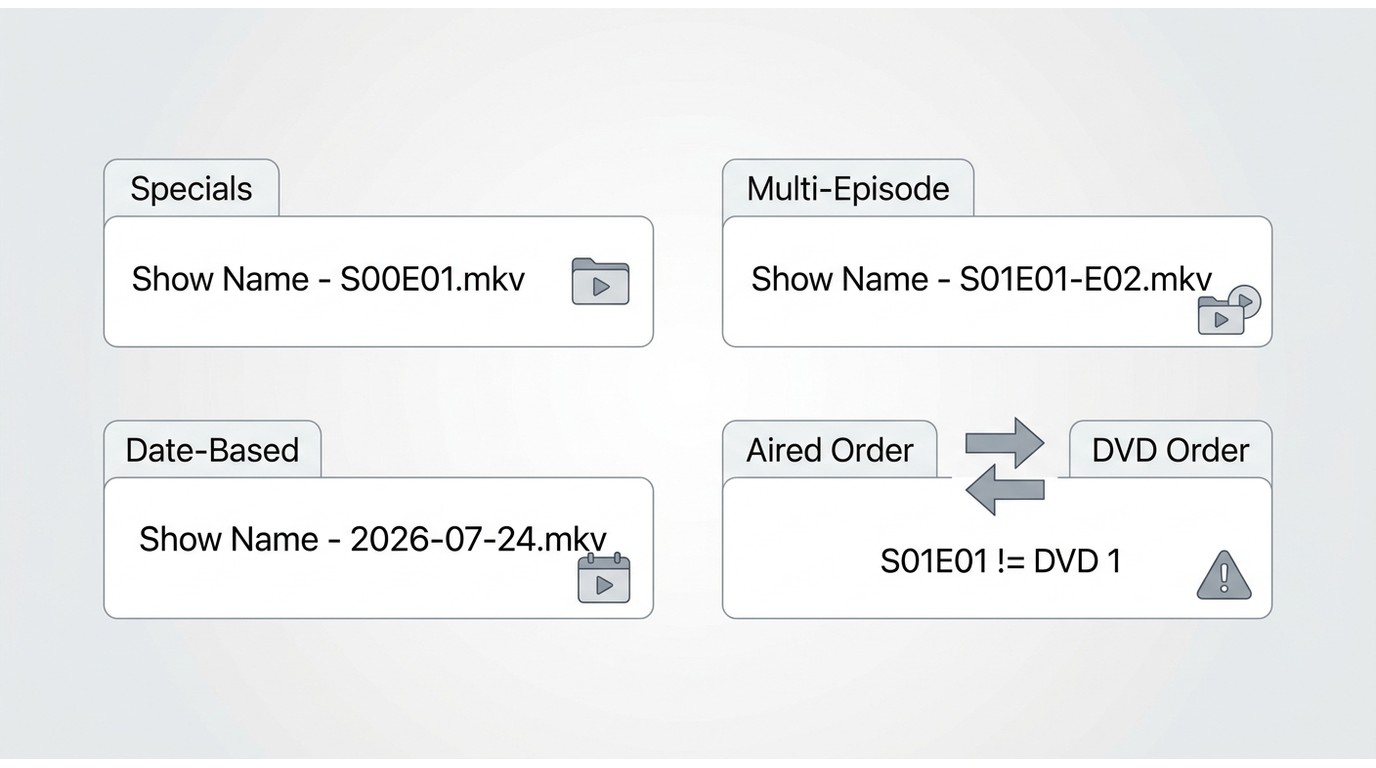 Examples of specials, multi-episode files, date-based episodes, and aired versus DVD order naming