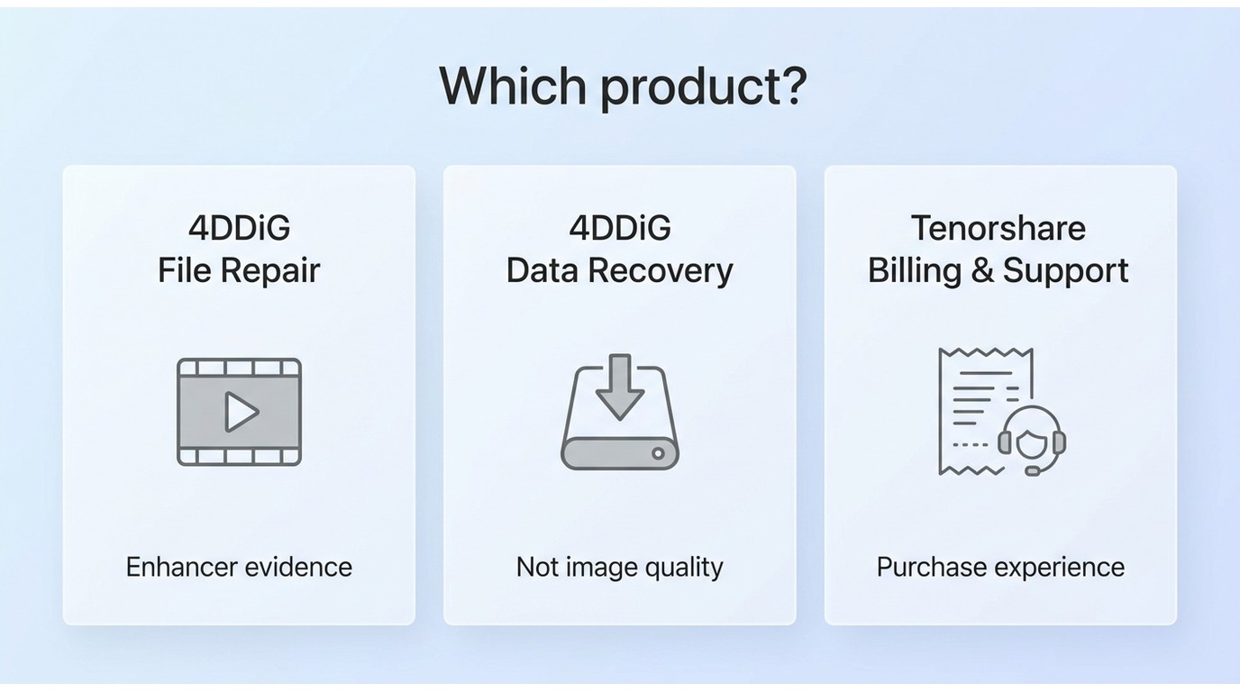 How to separate 4DDiG File Repair feedback from Data Recovery and Tenorshare purchase reports