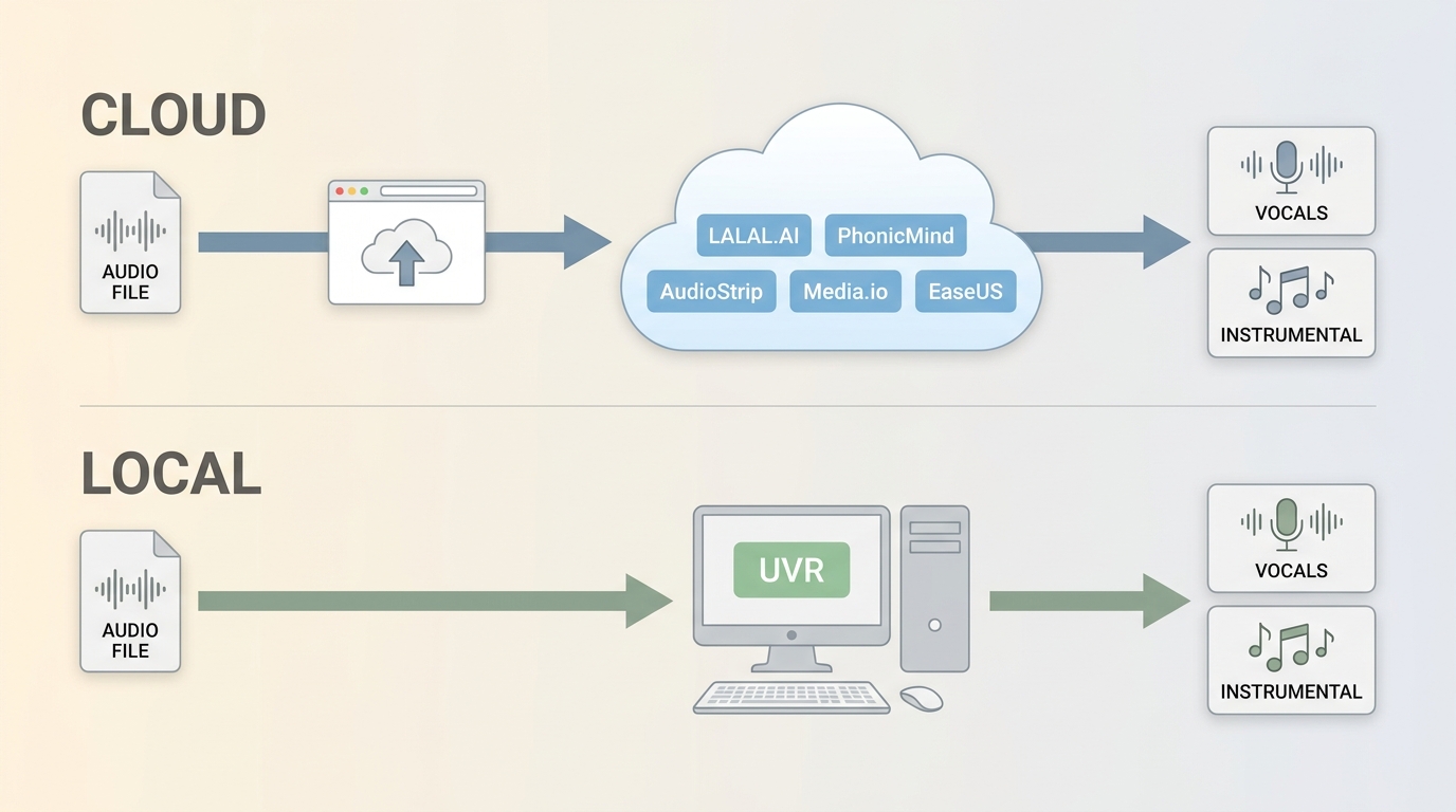 Cloud vocal removers upload audio, while UVR creates estimated stems locally on a desktop