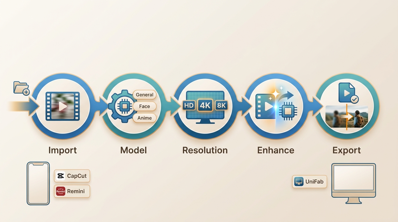 Workflow from importing a clip to selecting an AI model, enhancing it, and exporting MP4 or 4K outpu