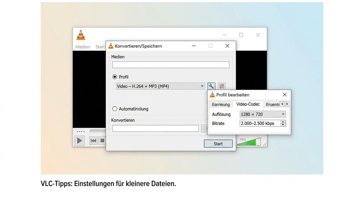 VLC-Konverter mit MP4-Profil, 1280 × 720 und passender Bitrate für WhatsApp