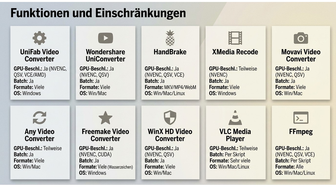Funktionsvergleich der Converter nach GPU-Beschleunigung, Batch, Formaten und Betriebssystemen.
