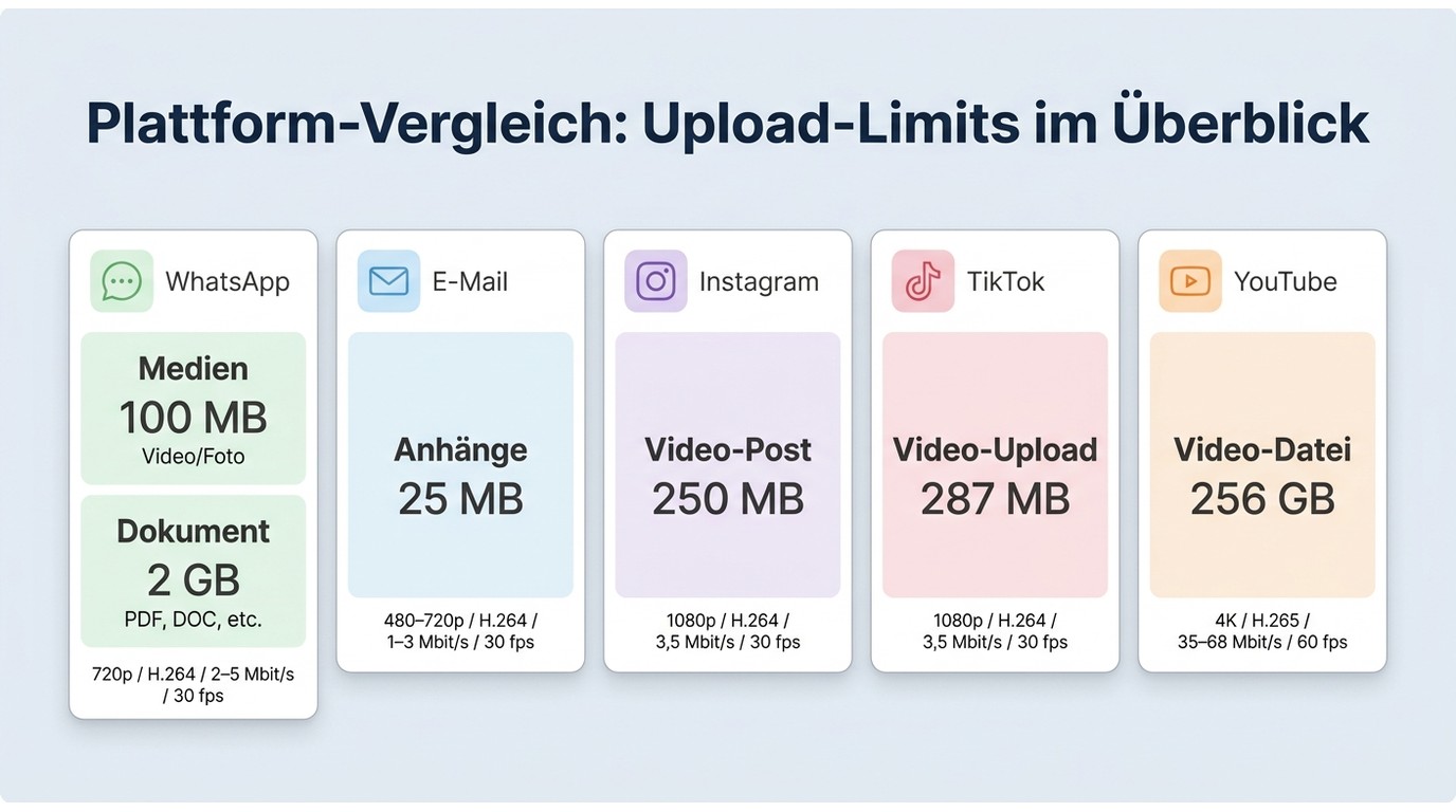 Vergleich der empfohlenen Videoeinstellungen für WhatsApp, E-Mail, Instagram, TikTok und YouTube