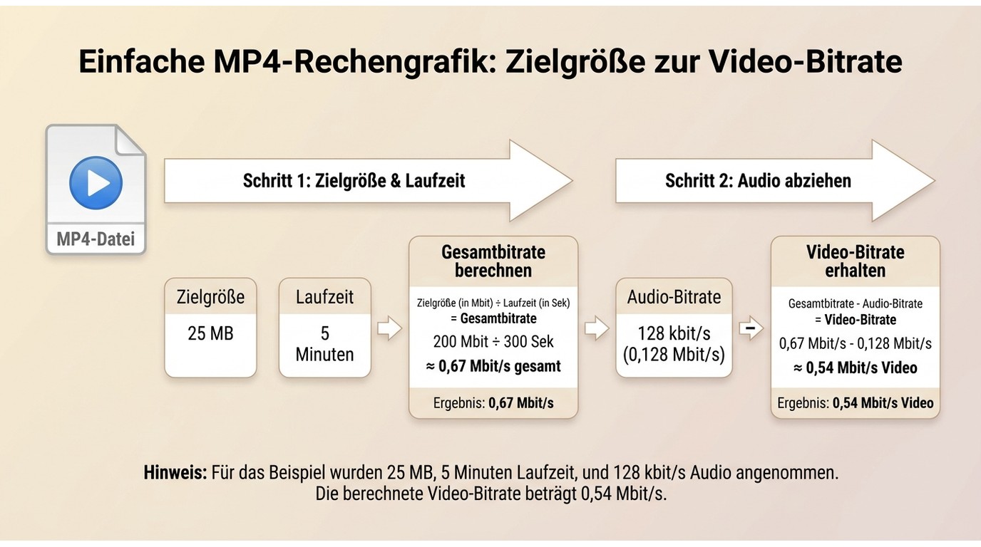 Rechenweg von 25 MB und 5 Minuten zur verfügbaren Video-Bitrate in MP4