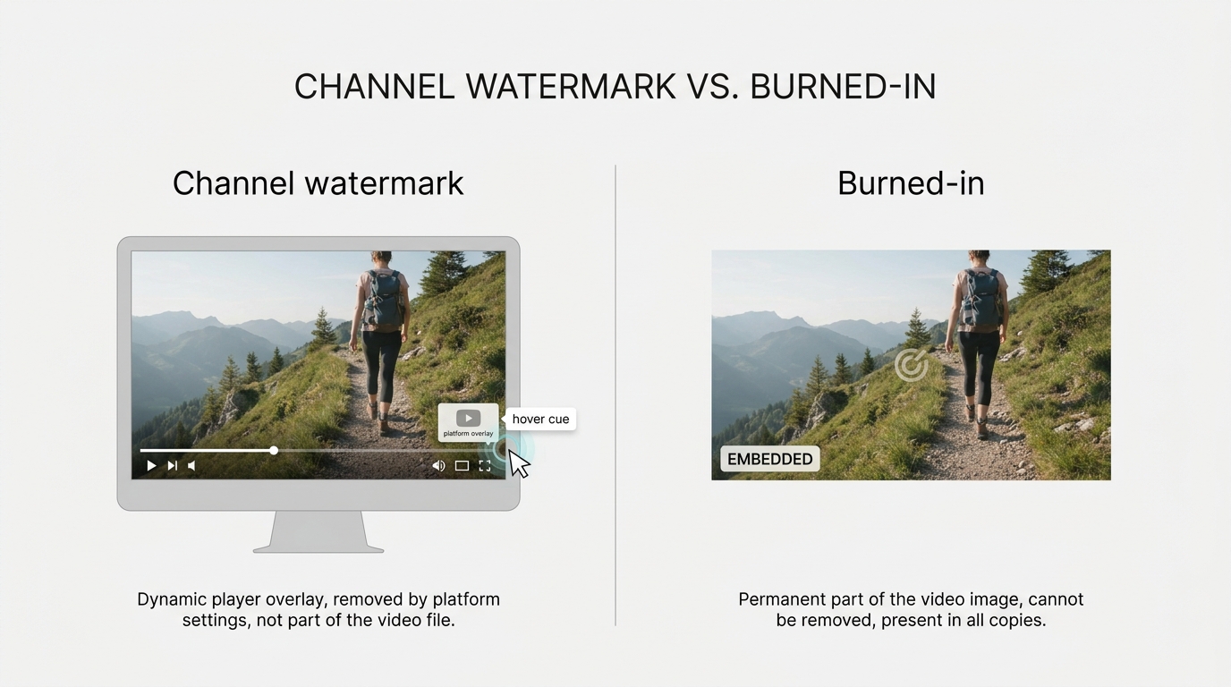 Difference between a YouTube channel watermark overlay and a burned-in watermark in video