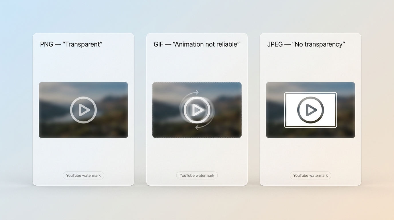 Comparison of PNG, GIF, and JPEG for YouTube watermark transparency and use cases