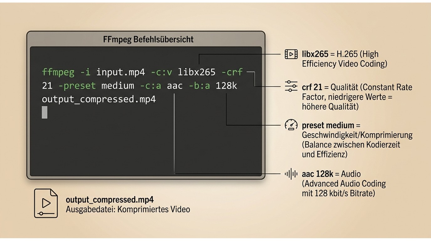 FFmpeg-Befehl mit Erklärung von libx265, CRF 21, Preset medium und AAC 128k