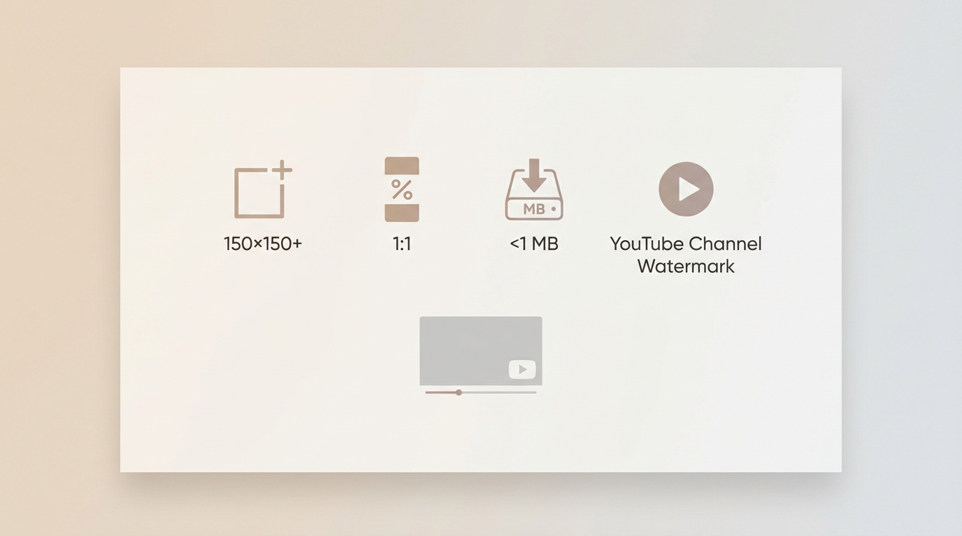 YouTube watermark specs: 150×150 minimum, square image, under 1 MB, for channel branding