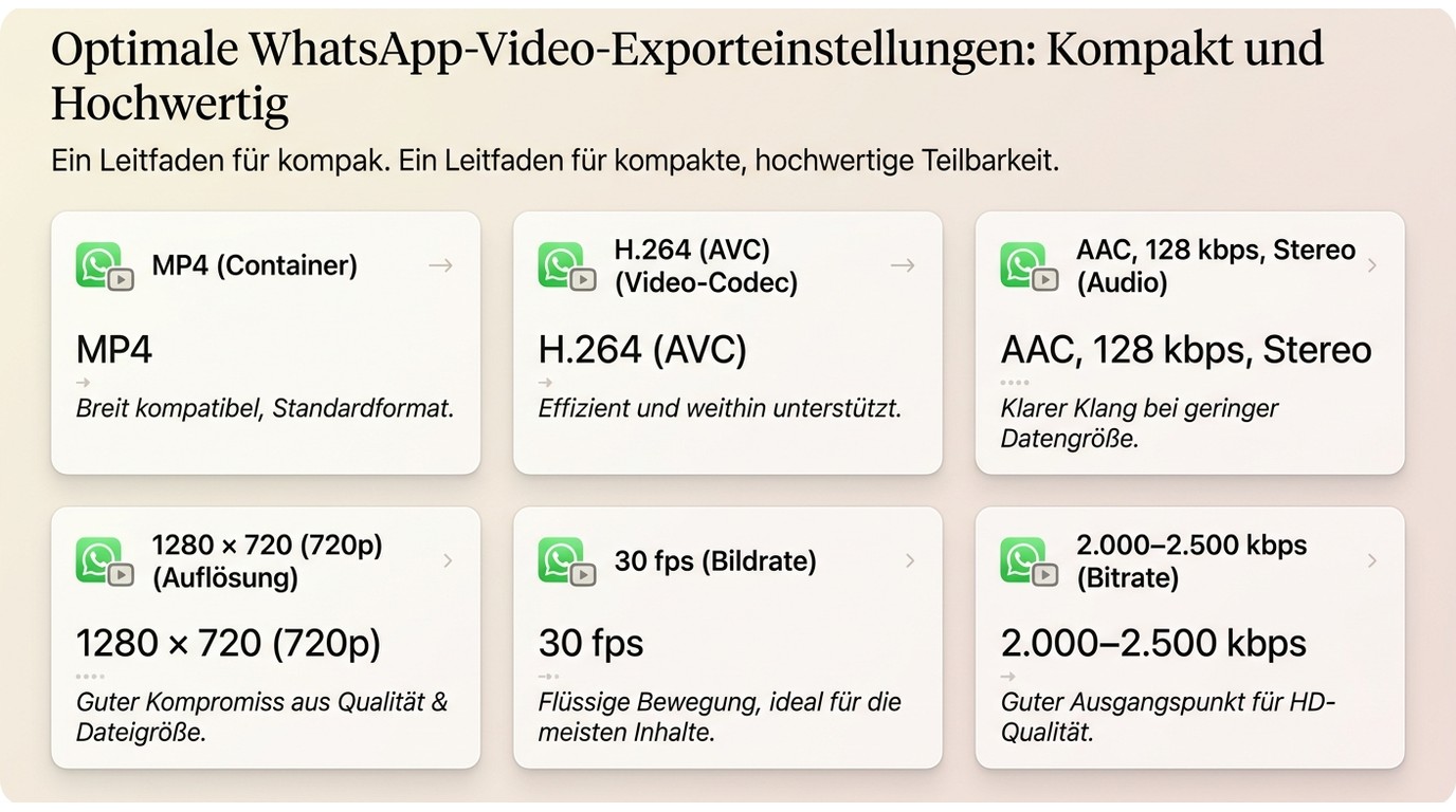 Empfohlene MP4-, H.264-, AAC-, 720p-, 30-fps- und Bitrate-Werte für WhatsApp