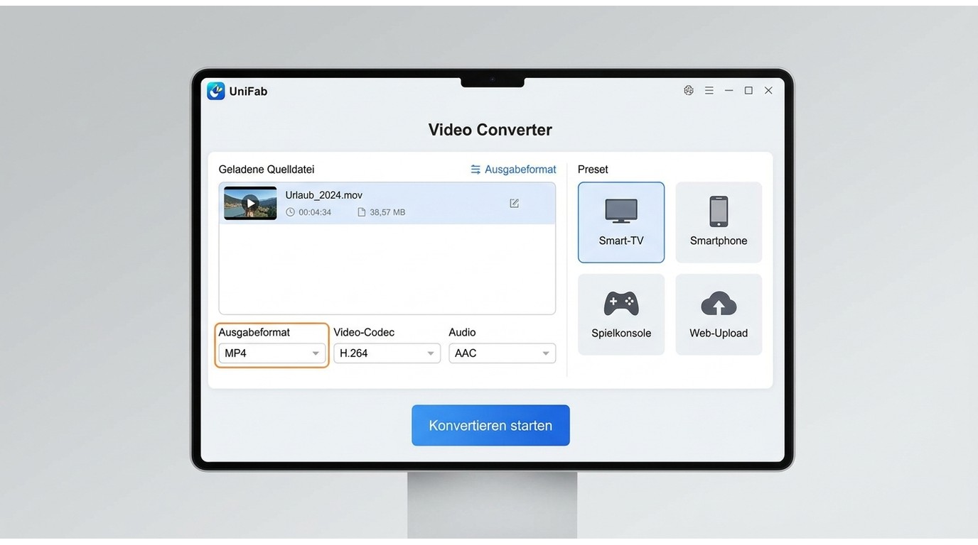 UniFab Video Converter mit MP4-, H.264- und Preset-Auswahl für lokale Konvertierung