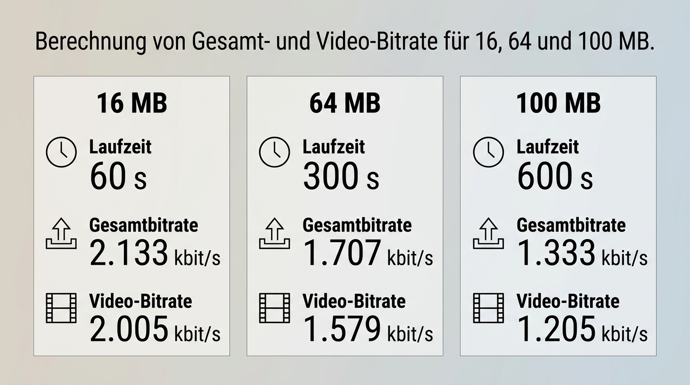 Berechnung von Gesamt- und Video-Bitrate für 16, 64 und 100 MB