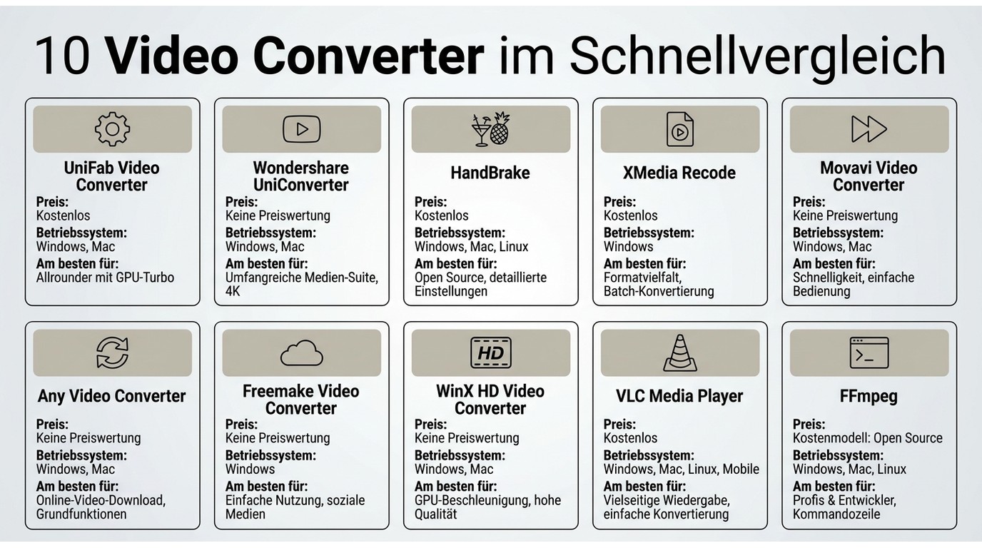 Vergleich der 10 Video Converter mit Preis, Betriebssystem und bestem Einsatzzweck.