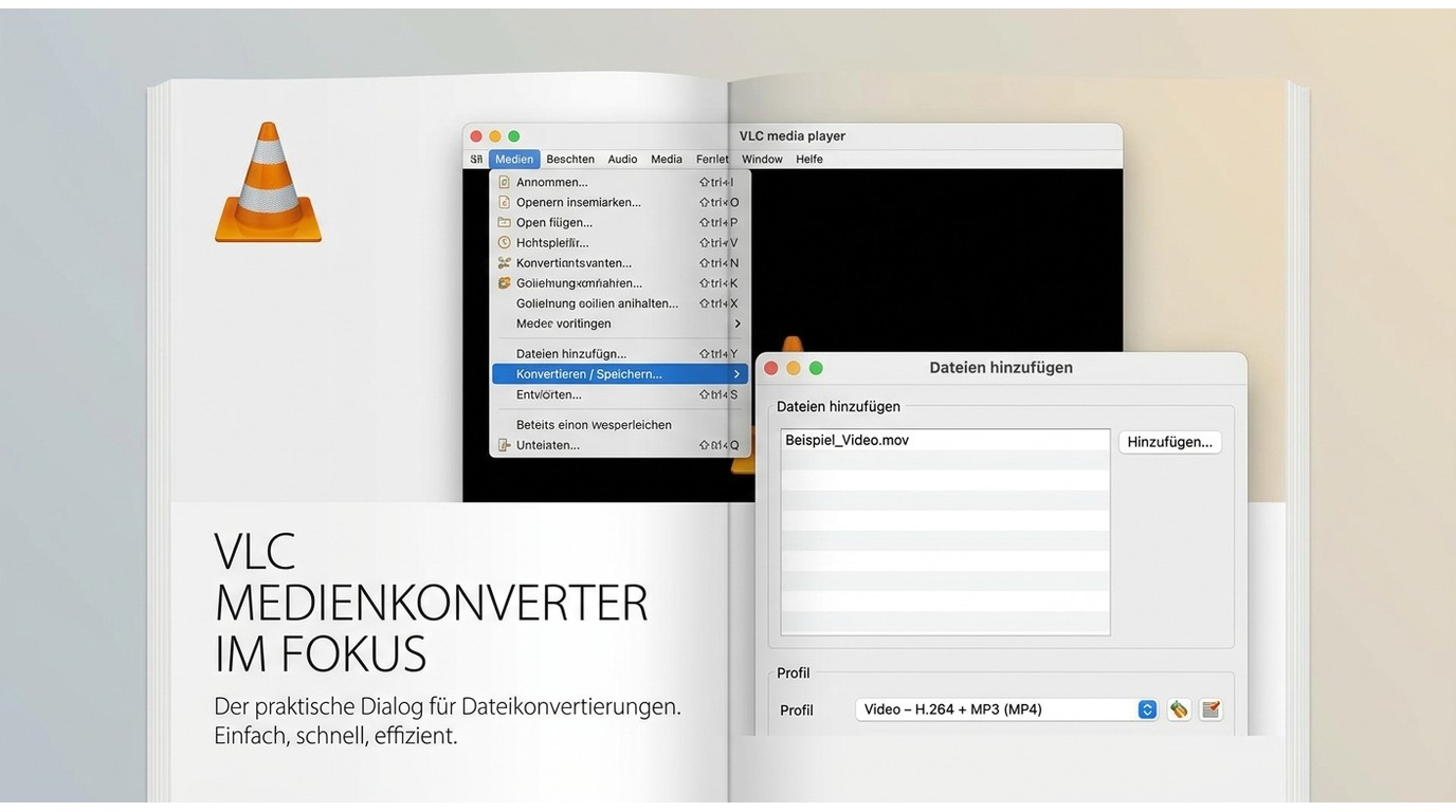 VLC mit geöffnetem Menü für Konvertieren/Speichern und Dateiauswahl zur Videoumwandlung.