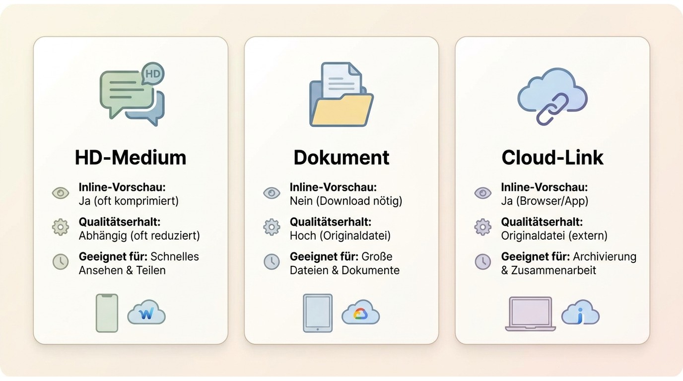 Vergleich von HD-Medium, Dokument und Cloud-Link für lange WhatsApp-Videos