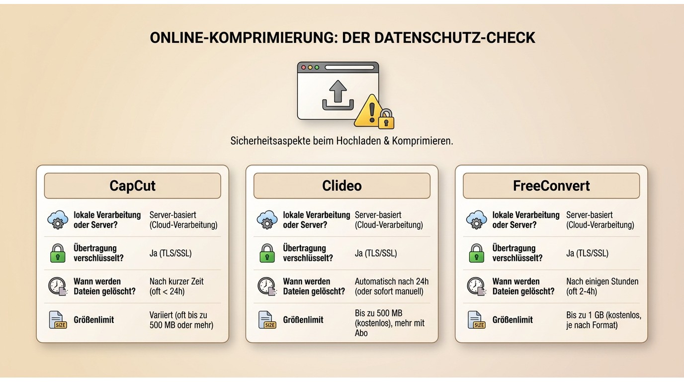 Datenschutz-Check für CapCut, Clideo und FreeConvert vor dem Video-Upload