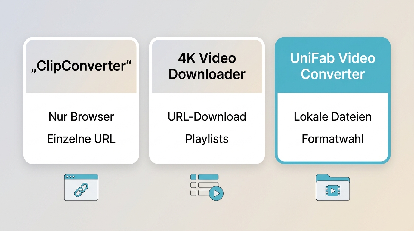 Vergleich von Online-Tool, Desktop-Downloader und lokalem Dateikonverter für YouTube und MP4