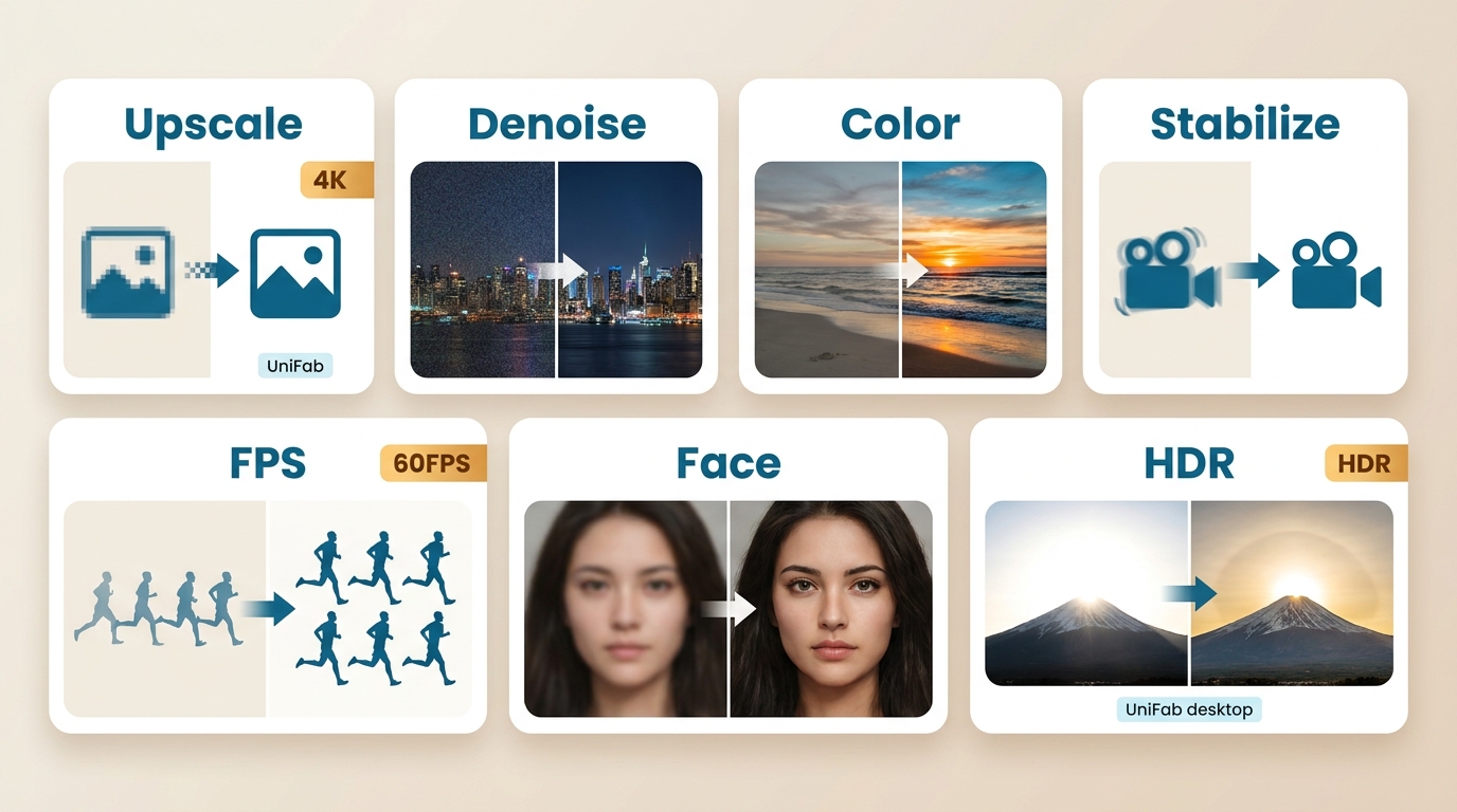How upscaling, denoise, stabilization, face enhancement, and HDR conversion affect video quality.