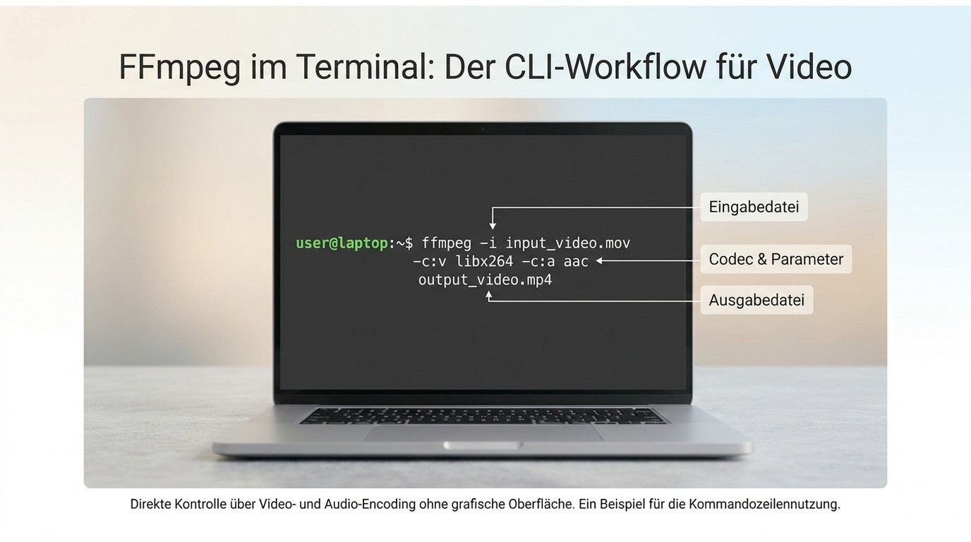 FFmpeg im Terminal mit Beispielbefehl für die Umwandlung einer Videodatei in MP4.