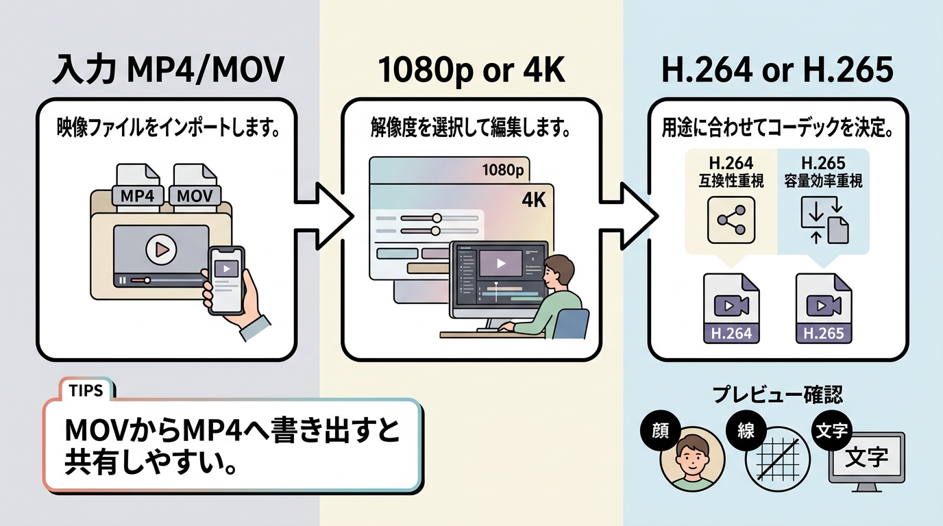 MP4とMOVから1080pや4Kへ書き出す設定の選び方