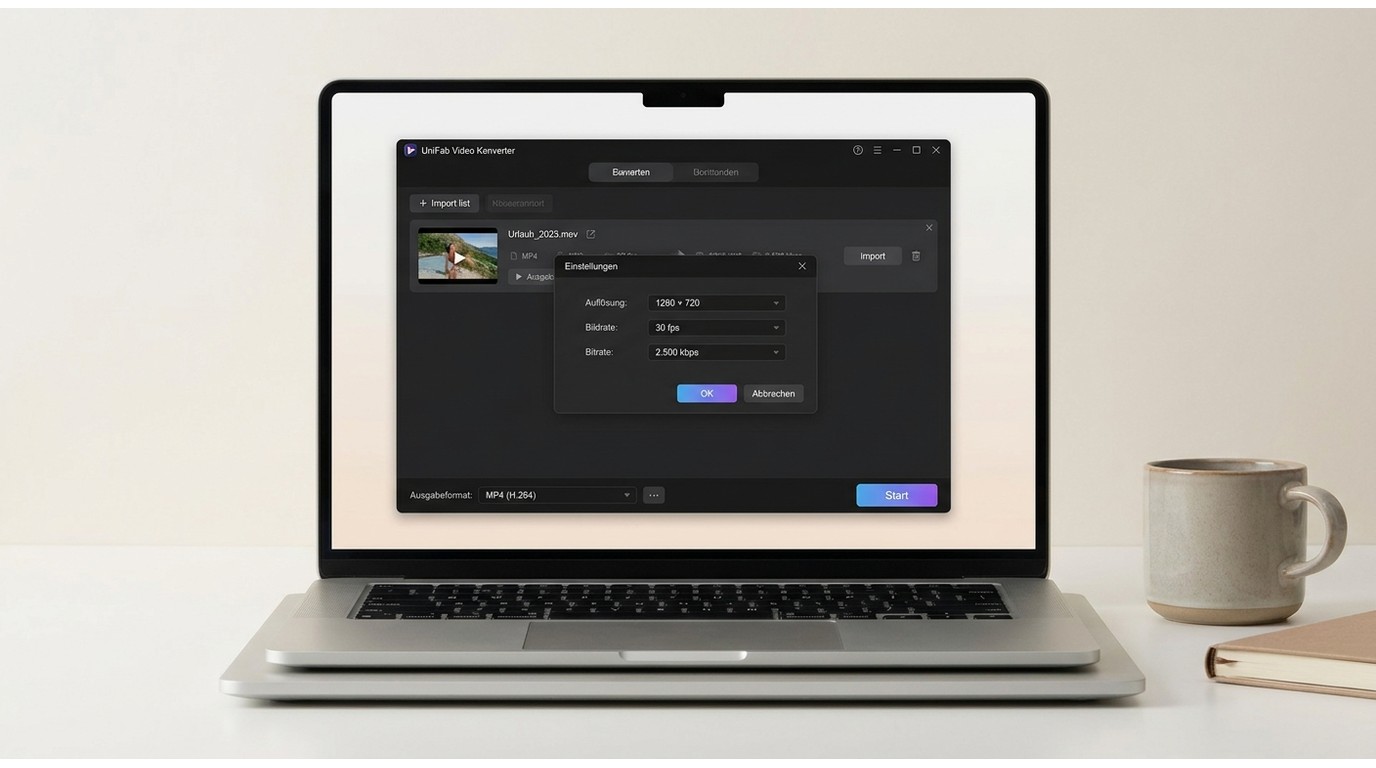 UniFab mit MP4-, 720p-, 30-fps- und 2.500-kbps-Einstellungen für WhatsApp-Export