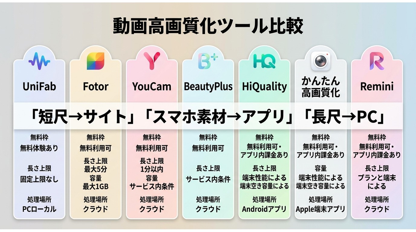 UniFabやFotorなど7サービスの無料枠、長さ上限、処理場所の違い
