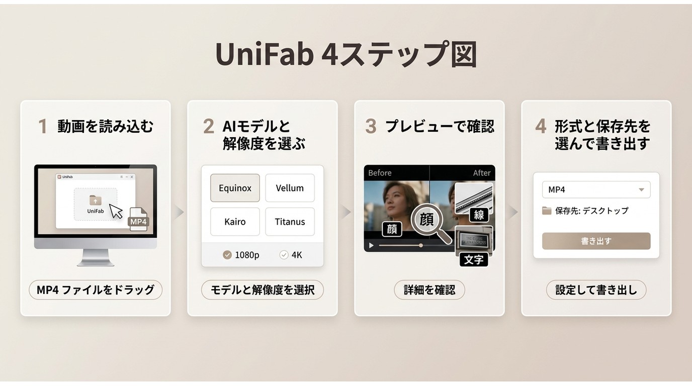 UniFabで動画を読み込み、設定、プレビュー、書き出しまで進む手順