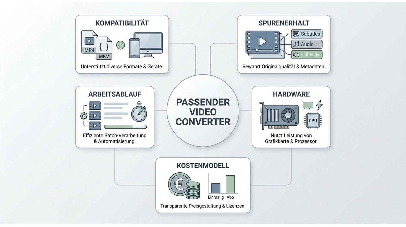 Die fünf Kriterien zur Bewertung eines Video Converters und ihr Bezug zur Tool-Auswahl.