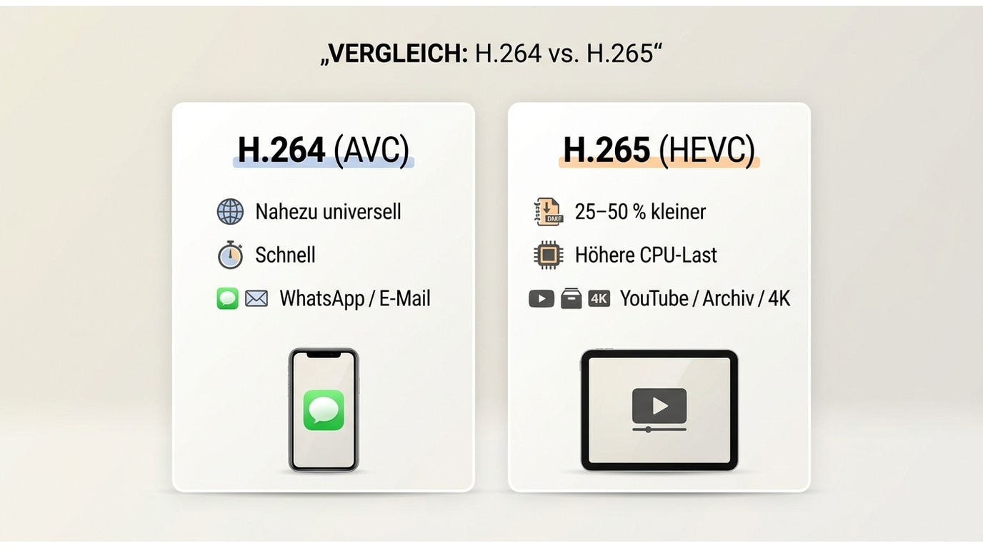 Vergleich von H.264 und H.265 nach Dateigröße, Kompatibilität und typischem Einsatz